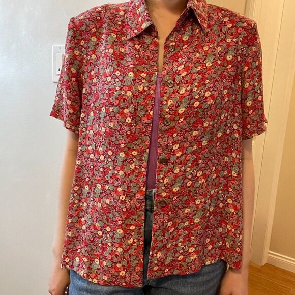 Vintage Floral Button-Up Blouse Red - Picture 3 of 10
